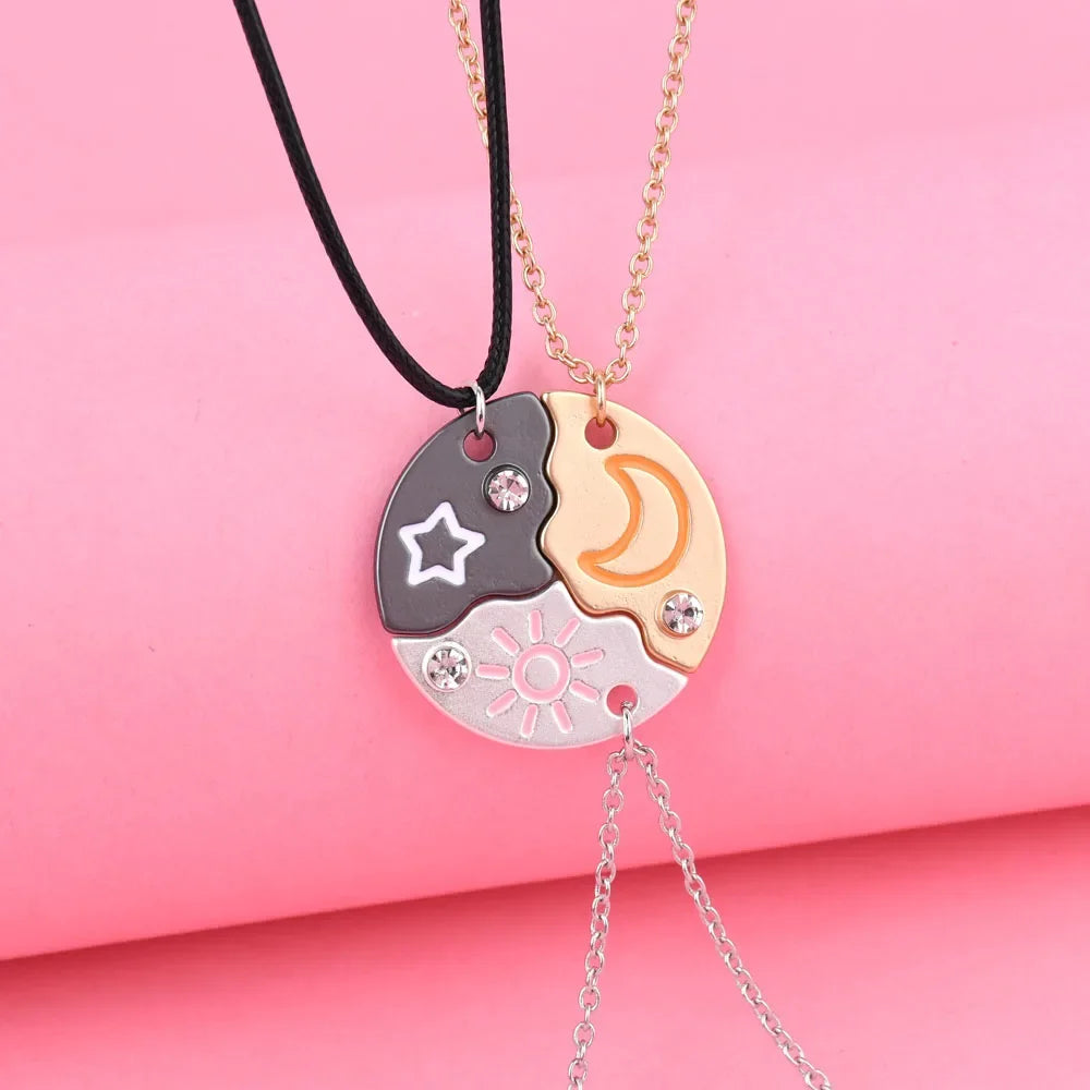 Elviragirl 3Pcs/set Sun Moon Star Pendant Necklace for Girl Kids Friendship BFF Necklaces Best Frien