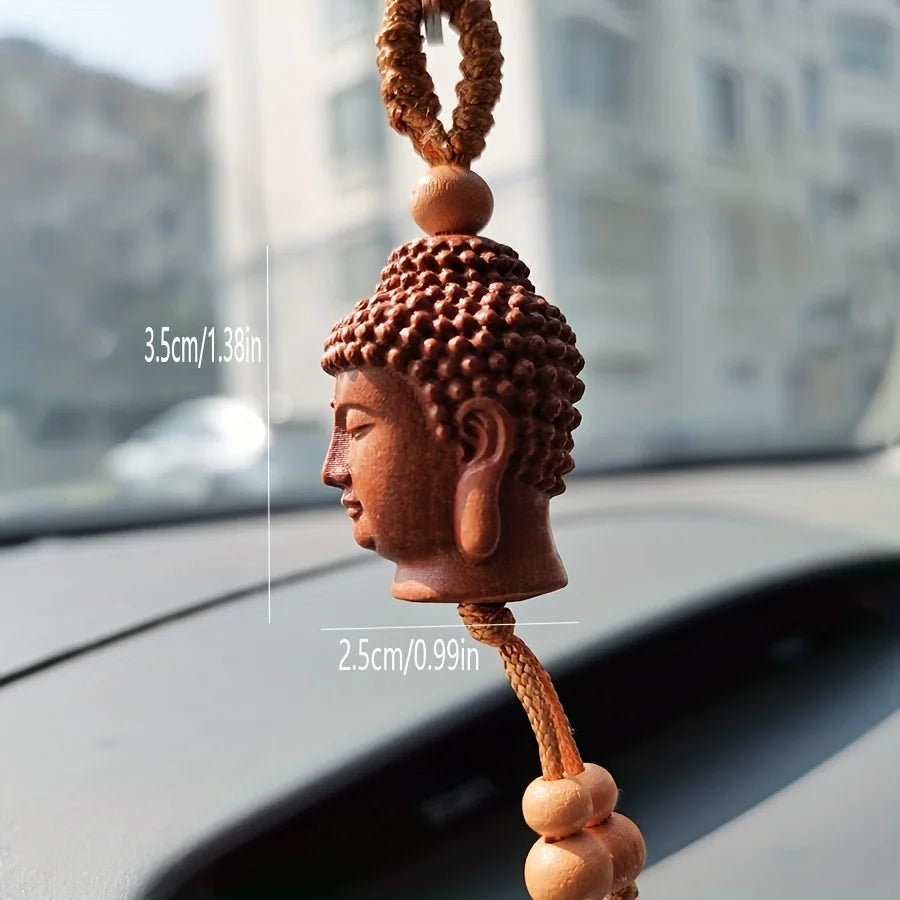Buddha Head Carved Wood Keychain | Peach Wood Key Ring alternate view