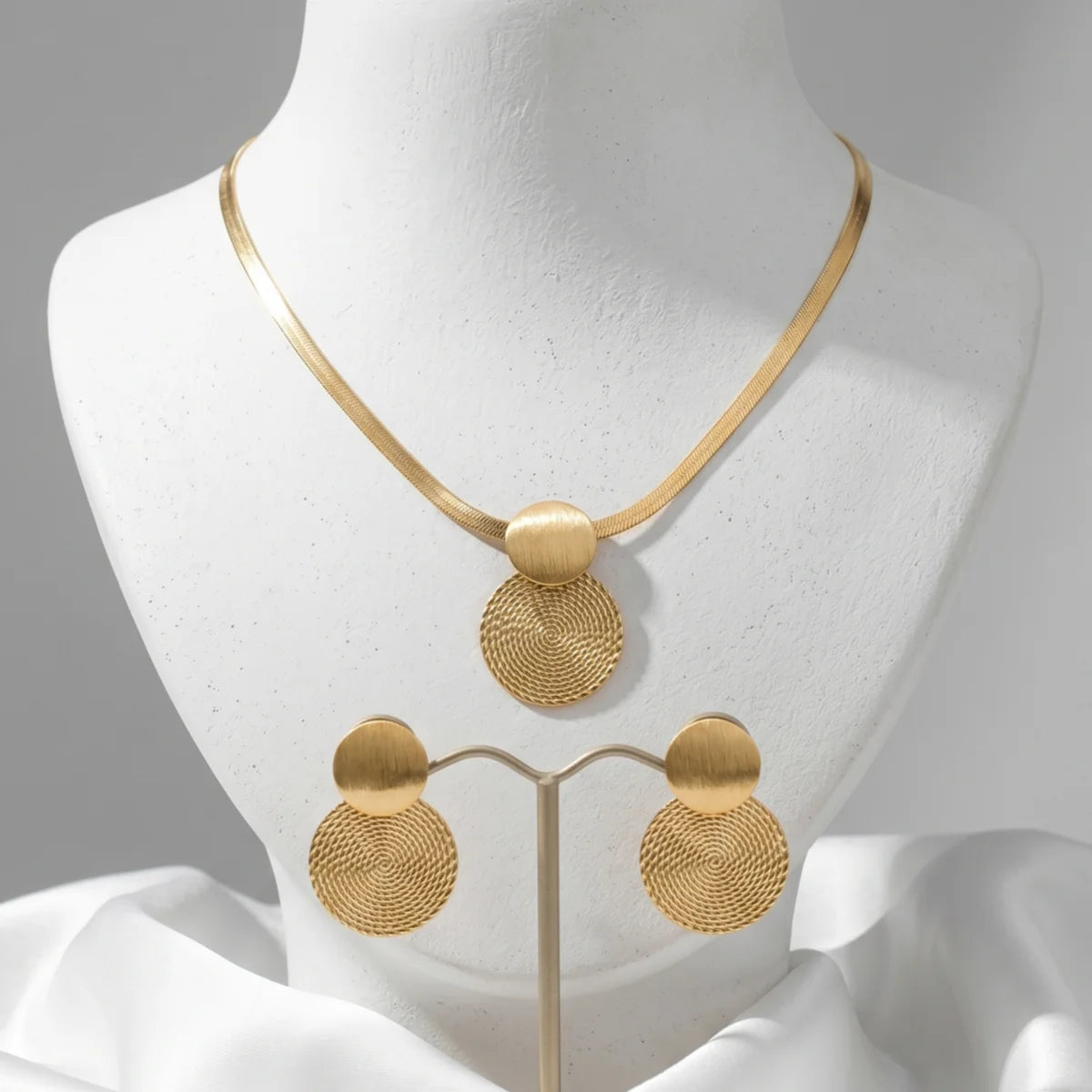 Minimalist Gold Color Herringbone Choker & Earring Set Brushed Textured Double Disc Jewe detail view