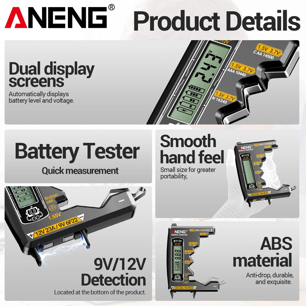 ANENG BT173 Universal Digital Battery Tester | 18650/AA/AAA/9V/12V Button Battery Leve close-up view
