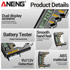 ANENG BT173 Universal Digital Battery Tester | 18650/AA/AAA/9V/12V Button Battery Leve close-up view