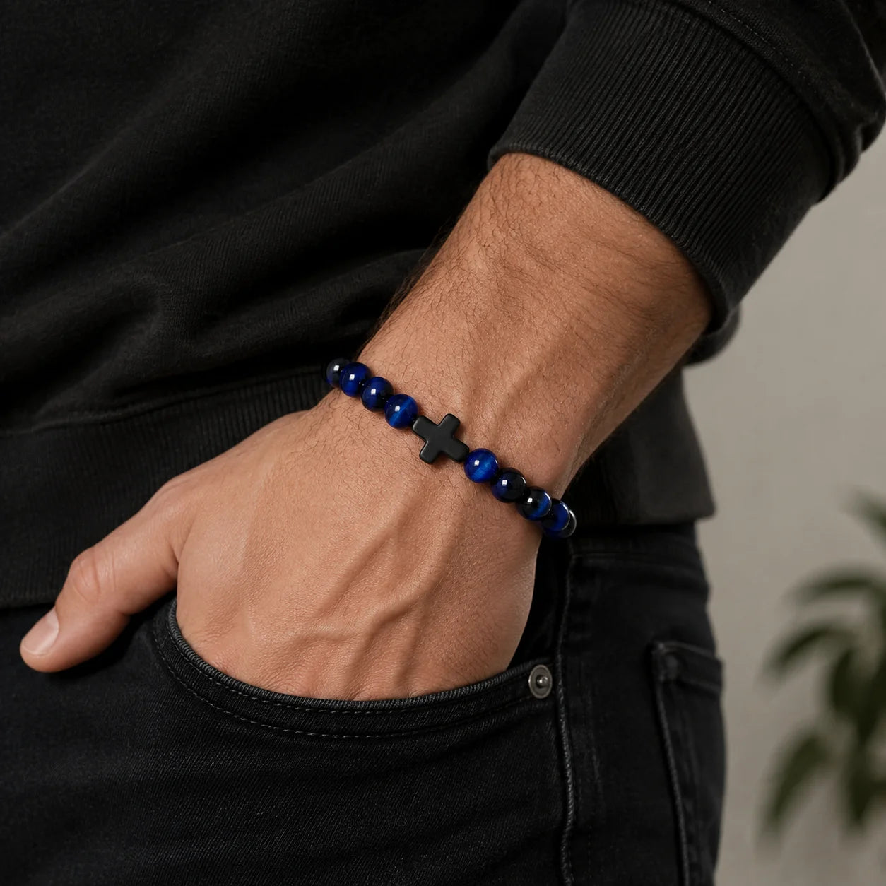 Prayer Men Natural Stone Wood Beads Rosary Hematite Cross Bracelets Onyx Meditation Br close-up view