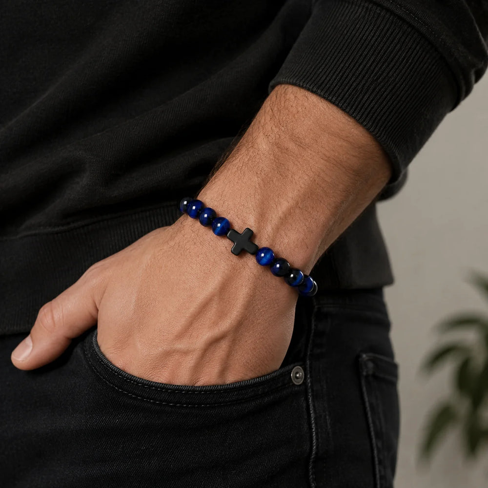 Prayer Men Natural Stone Wood Beads Rosary Hematite Cross Bracelets Onyx Meditation Br close-up view