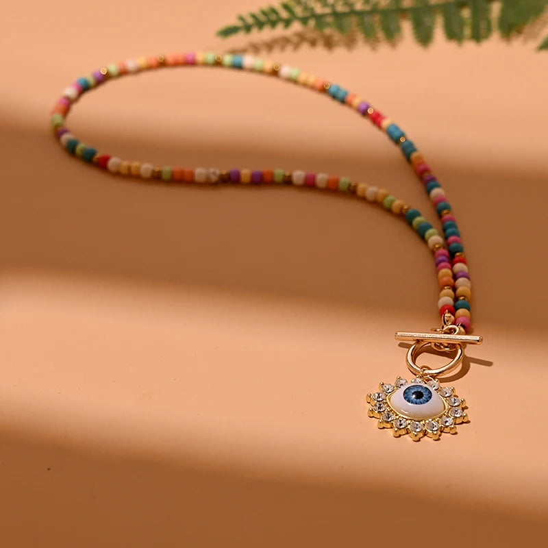 Colorful Stone Choker Necklace | Round Evil Charm Pendant for Women detail view