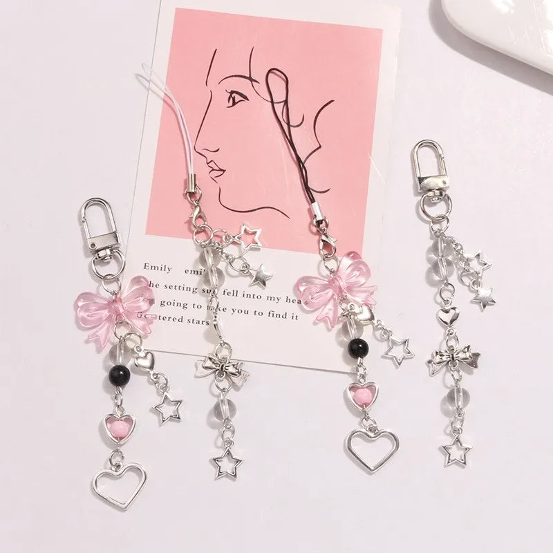 Goth Y2K Phone Charm Pink Silve Bow Heart Star Keychain Pendant Key Chain Bag Phone Chain Cute Acces