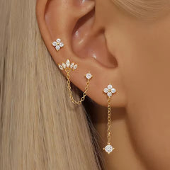 3PCS Stainless Steel Crown Chain Tassel Zircon Drop Earring Flower Ear Stud For Women Unique Earring