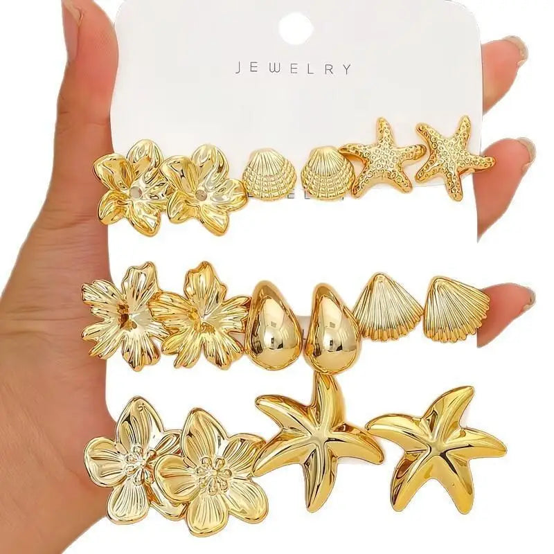 2/3/8 Pairs Golden Bohemian Earring Set, Elegant Stylish Statement Earrings with Flow lifestyle view