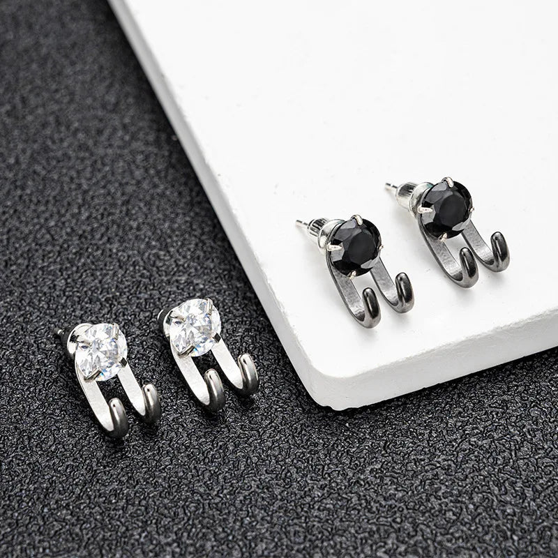 2023 New Simple Zircon Stud Earrings Single Trend Personality Hip-hop Niche Hook Shape close-up view