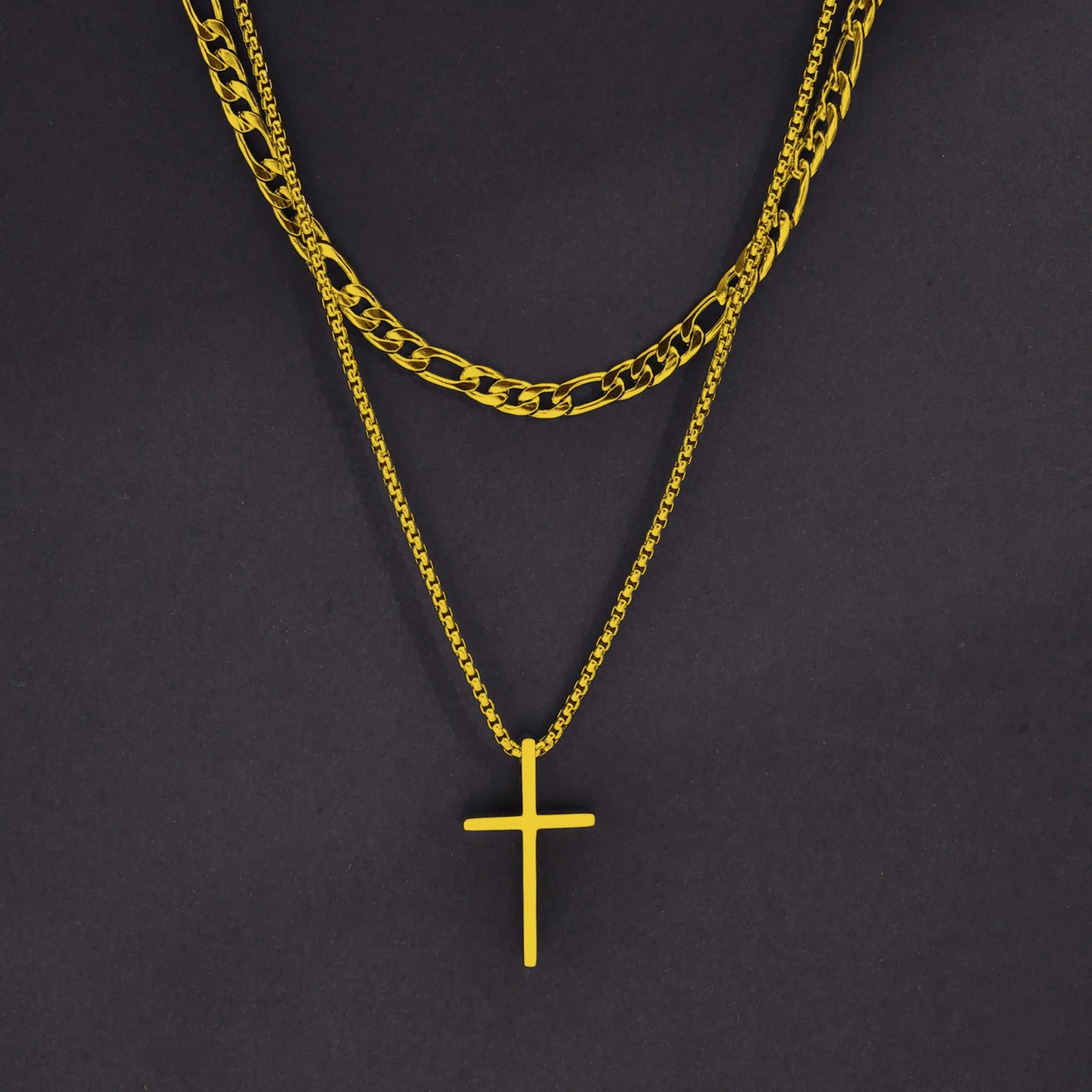 Men's Stainless Steel Layered Cross Necklace | Simple Prayer Pendant with Rope Box Ch lifestyle view