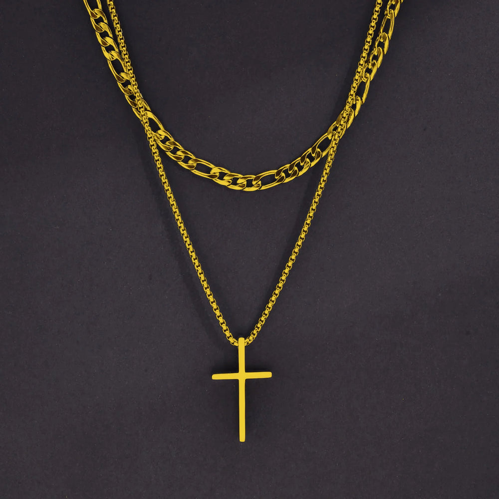 Men's Stainless Steel Layered Cross Necklace | Simple Prayer Pendant with Rope Box Ch lifestyle view