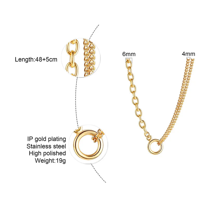 Oval Cable Link With Double Cuban Chain Necklace | Stainless Steel Fashion Open Circle P detail view