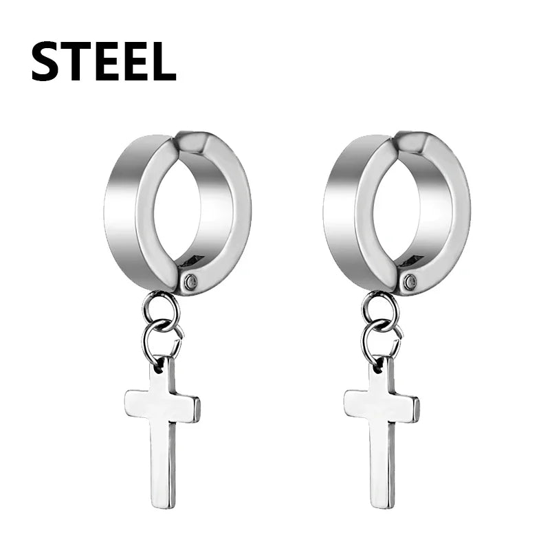 Stainless Steel Clip On Cross Earrings | Non Piercing Gothic Punk Jewelry for Men Wom alternate view