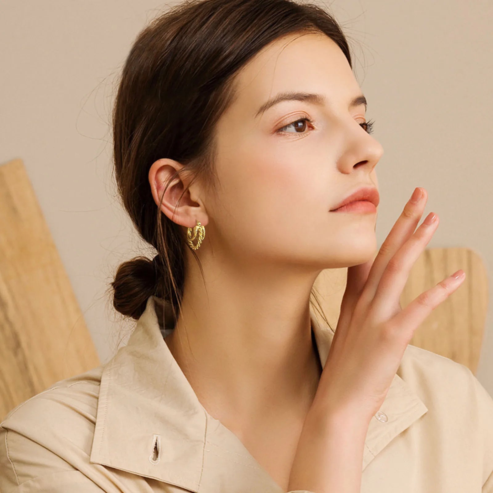 Trendy Stainless Steel Hoop Earrings for Women | Gold Plated Layered Huggie Earrings detail view