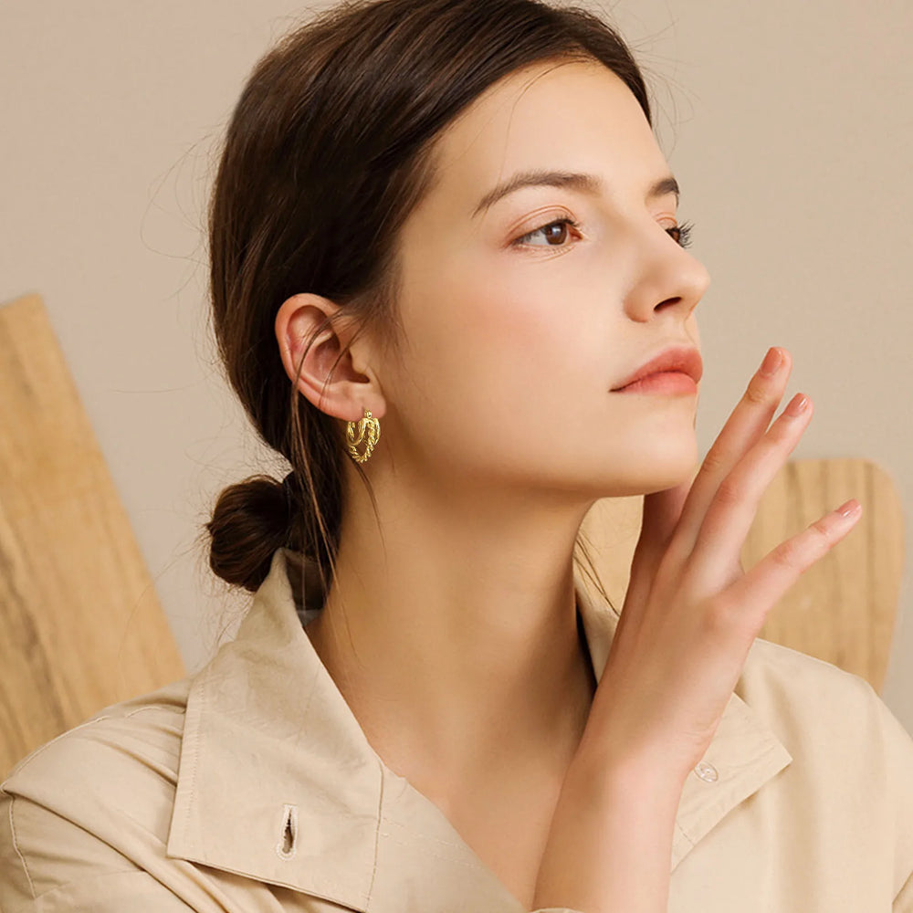 Trendy Stainless Steel Hoop Earrings for Women | Gold Plated Layered Huggie Earrings detail view