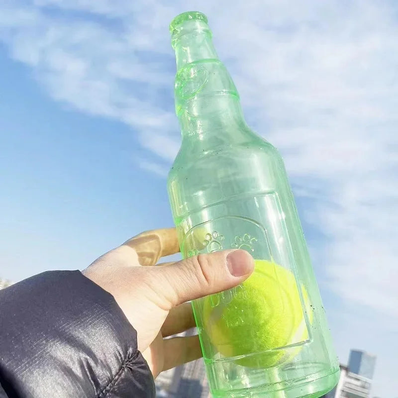 Dog Chew Toy Squeaky Silicone Beer Bottle With Tennis Ball Bite-resistant Puppy Toy additional angle