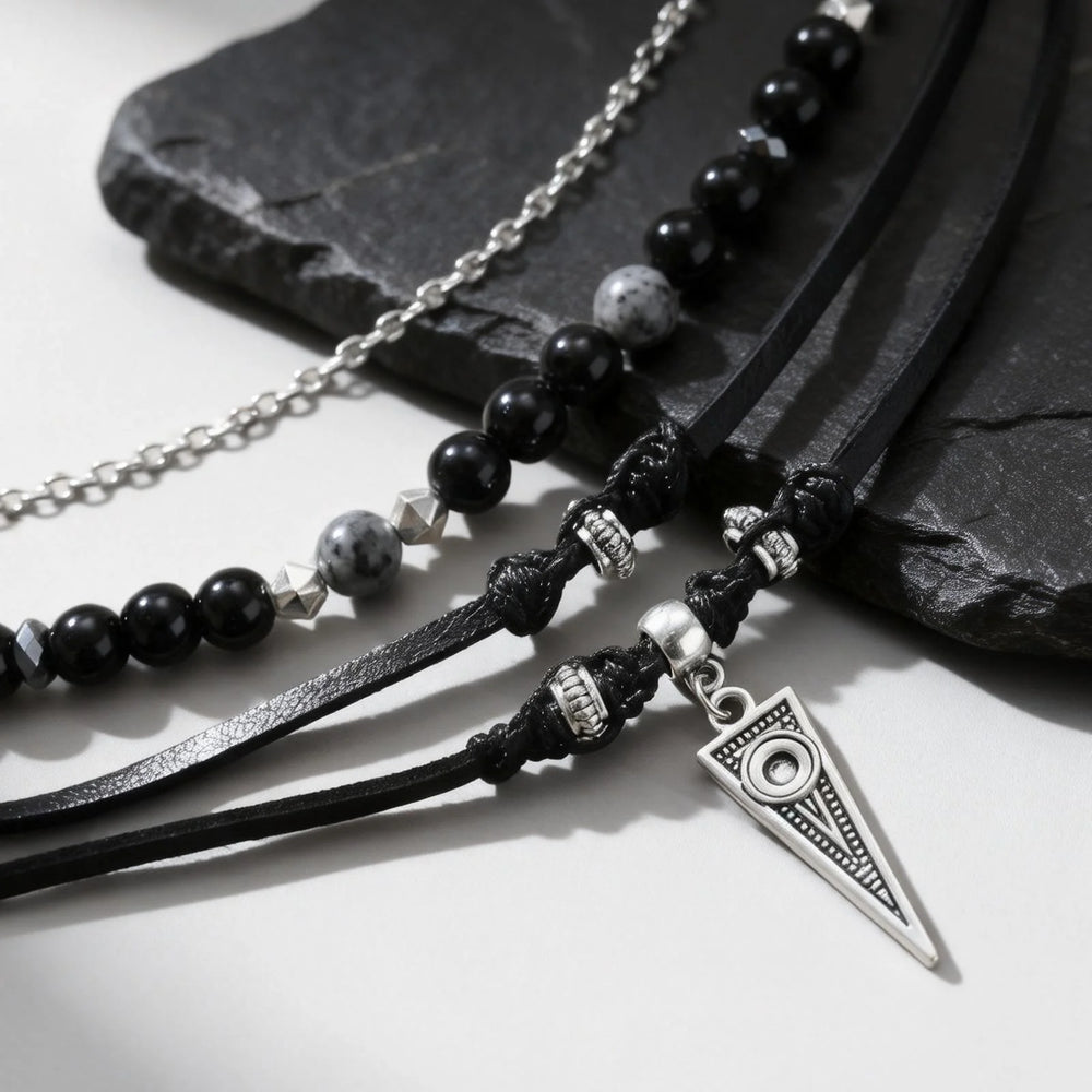 Multi-Layer Black Leather Necklace | Rock Punk Geometric Pendant for Men close-up view