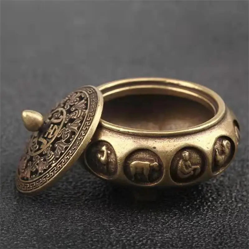 Retro Brass Incense Burner with Zodiac Signs | Home Decor Censer detail view