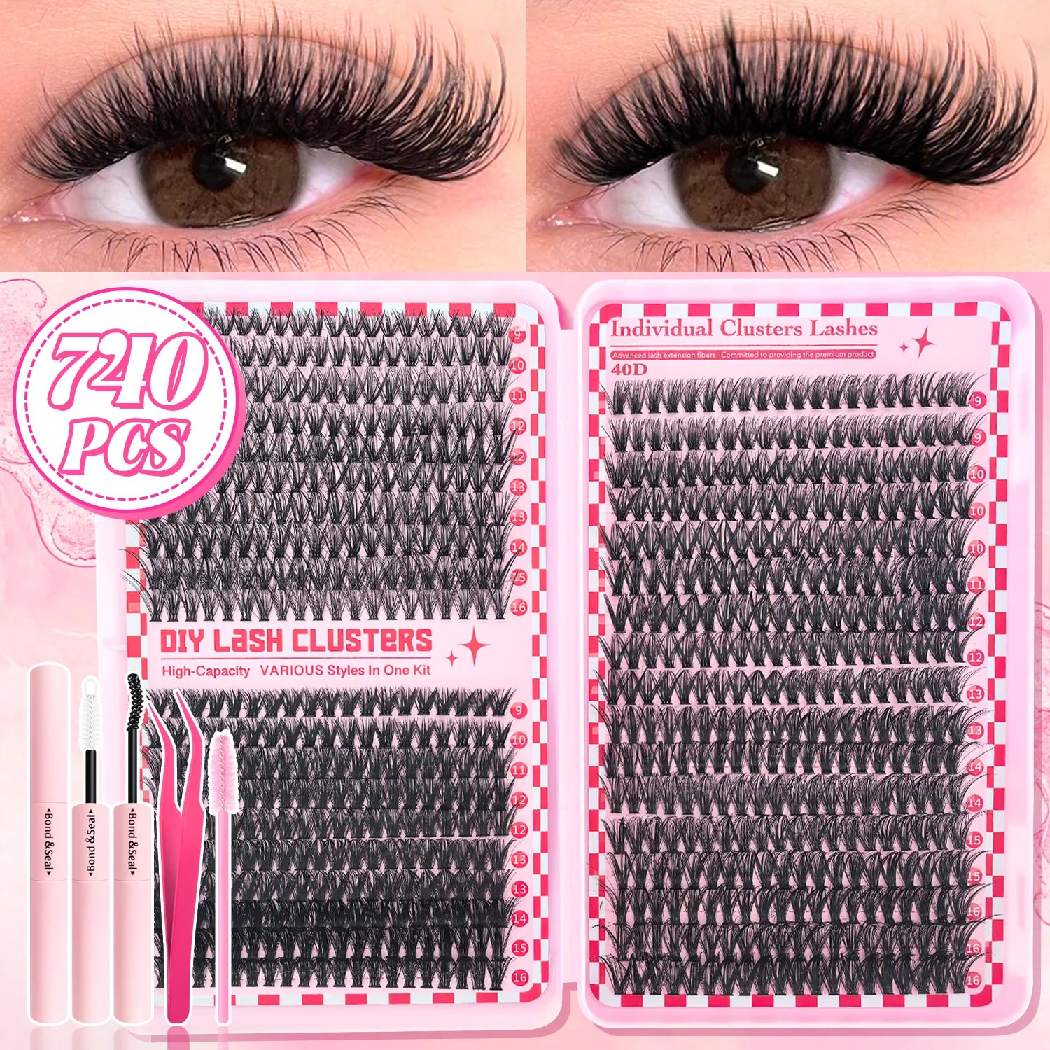740/800PCS Eyelash Cluster Kit Mixed Lengths Ultra-Light Waterproof Lash Extensions Natural Daily Makeup or Dramatic Glam Look