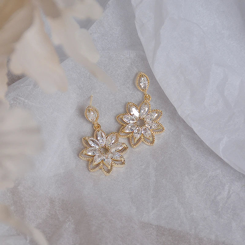 14K Real Gold Dainty Korean Flower Earrings for Women | Bling AAA Zirconia Stud Earri lifestyle view