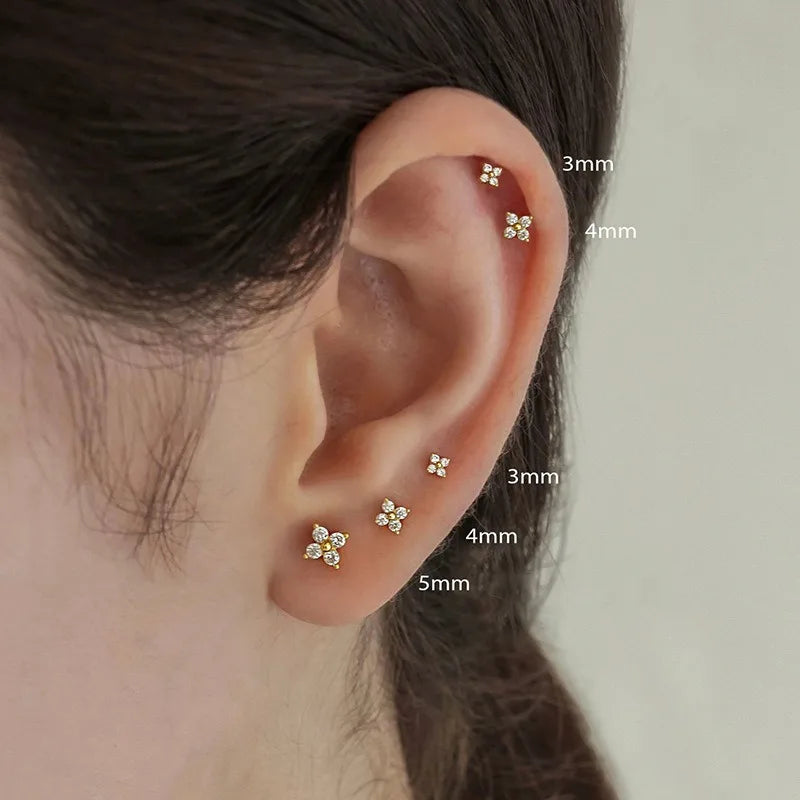 2/3Pcs Dainty CZ Flower Stud Earrings For Women, 18K Gold Plated Tiny Small Cute Carti close-up view