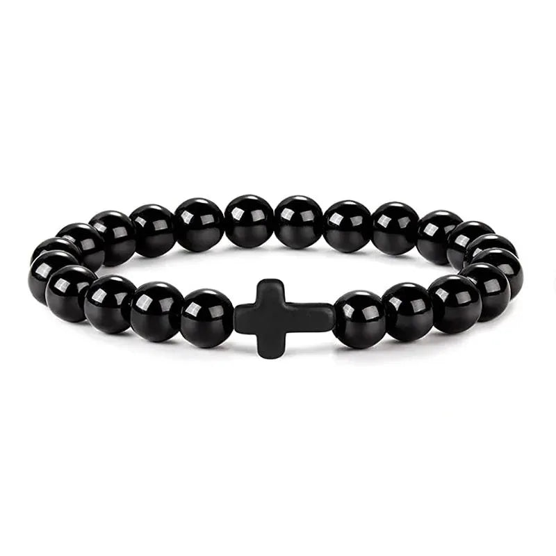 Prayer Men Natural Stone Wood Beads Rosary Hematite Cross Bracelets Onyx Meditation additional angle