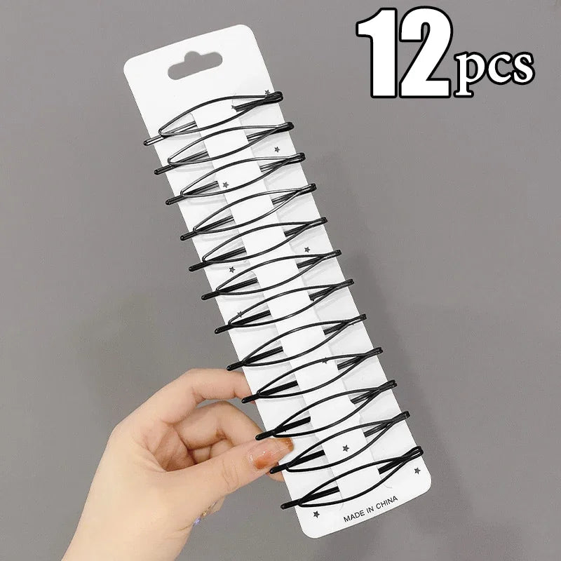 3/12Pcs Black Hair Clips Bobby Pins Wavy Hairpins Metal Barrettes Invisible Wave Hairg close-up view