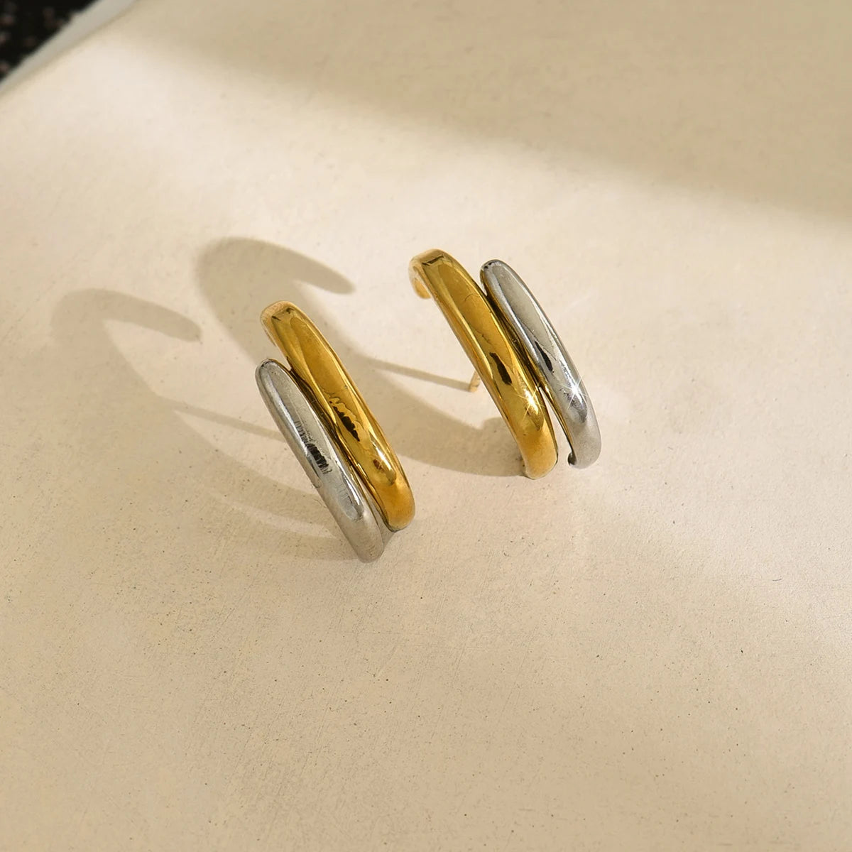 Gold Silver Irregular C-Shape Stud Earrings | Stainless Steel Bicolor Geometric Jewel lifestyle view