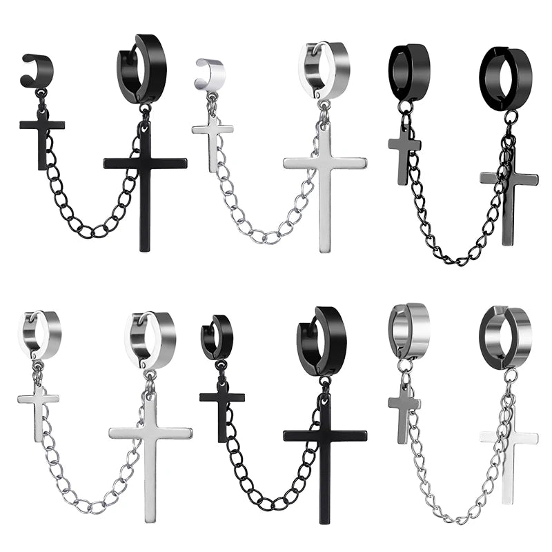 Punk Cross Tassel Earrings | Gothic Hip Hop Chain Stud Earrings additional angle