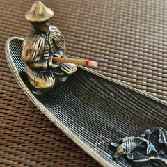 Fishing Old Man Boat Incense Burner | Metal Sandalwood Incense Holder for Home close-up view