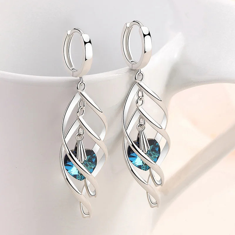 925 Silver Blue Crystal Drop Earrings | Hollow Long Dangle Earrings for Women alternate view