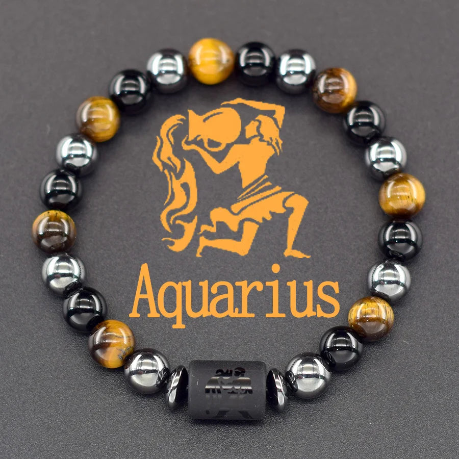 12 Zodiac Sign Bracelet Homme Constellation Bangle Natural Yellow Tiger Eye Stone Hema close-up view