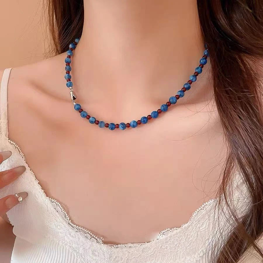 Light Luxury Natural Stone Bead chain Blue Agate Stone Short Necklace 2025 Trendy Jew alternate view
