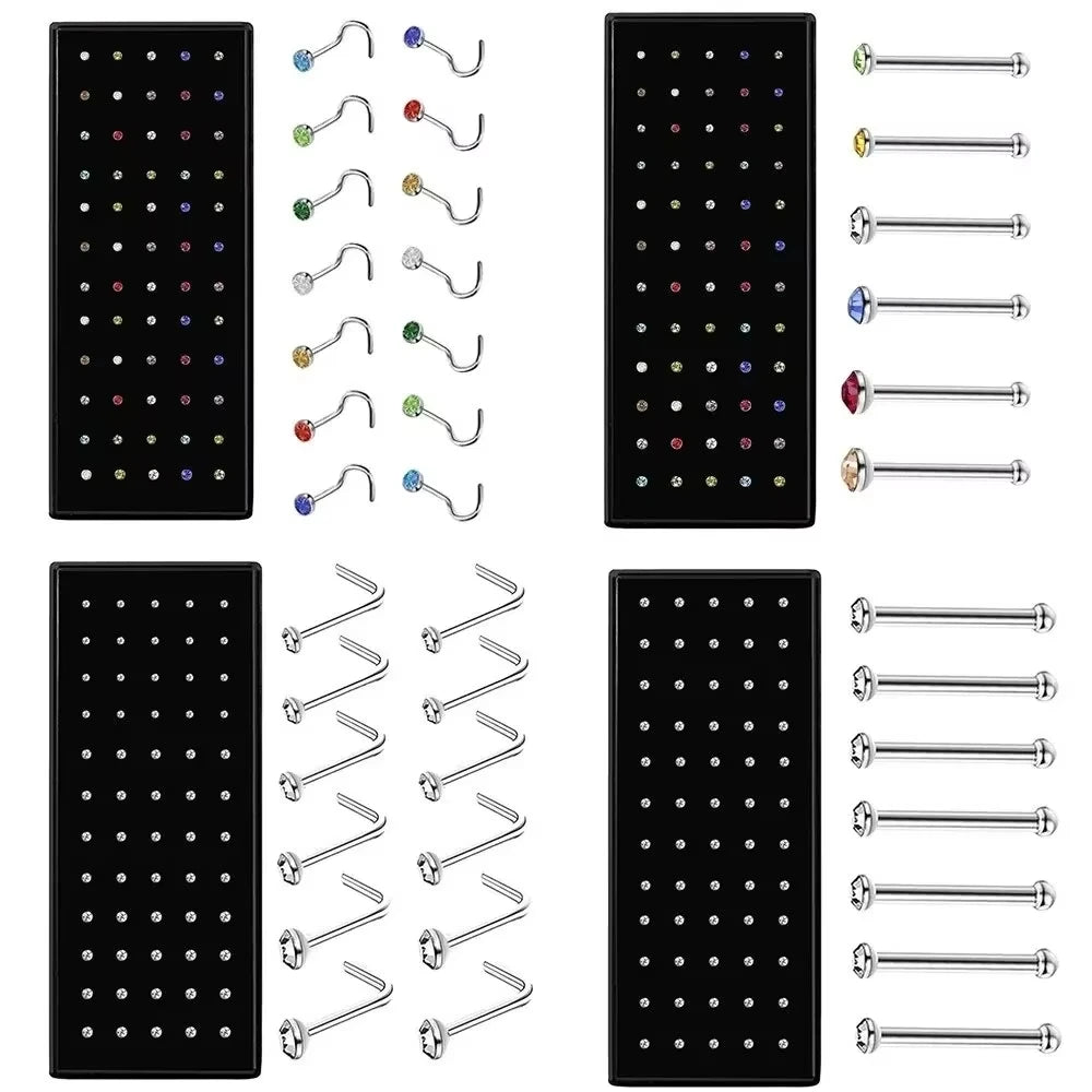 40/60 Pcs/Set Crystal Stainless Steel Nose Piercing Pack Straight Nose Ring Kit L Nos alternate view