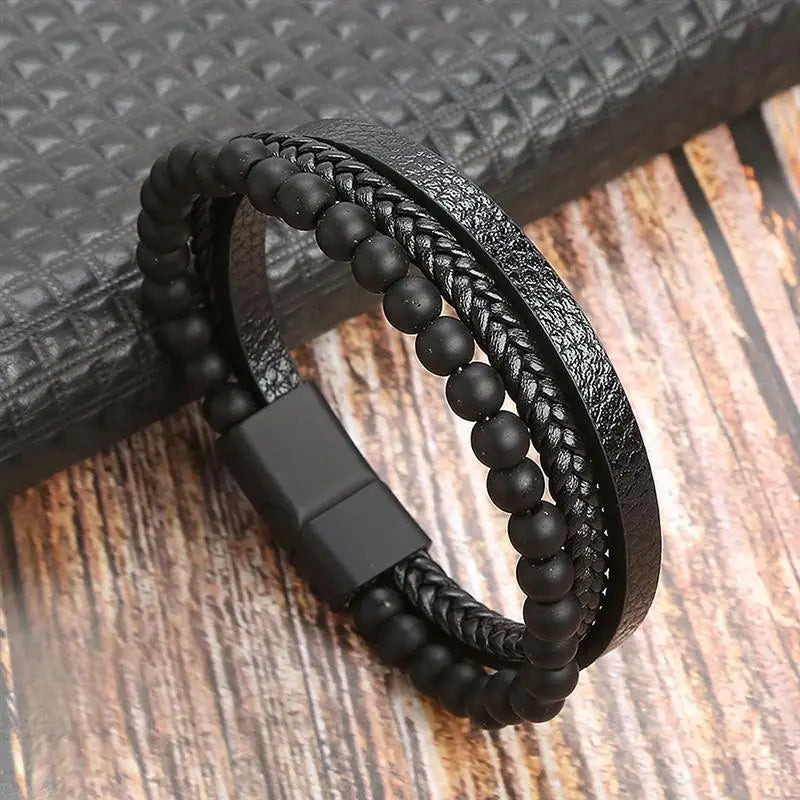 Classic Men's Leather Bracelet New Style Hand-woven Multi-layer Combination Accessory close-up view