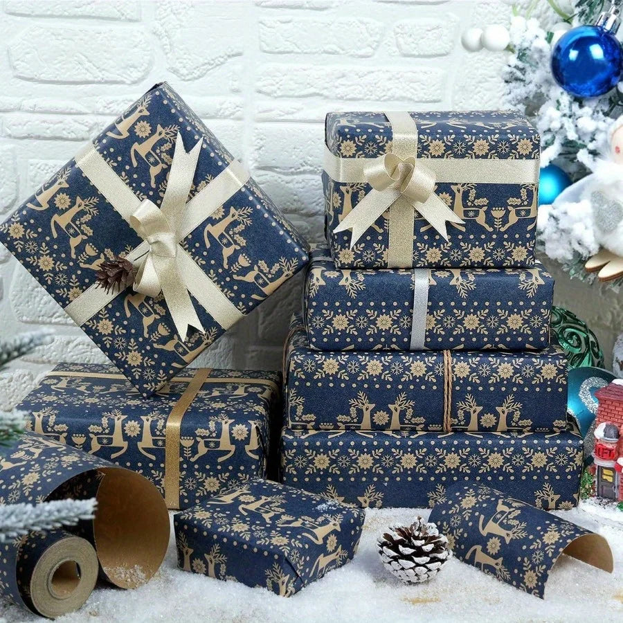 Navy Blue Kraft Christmas Wrapping Paper Roll | Snowflake, Floral and Reindeer Design close-up view