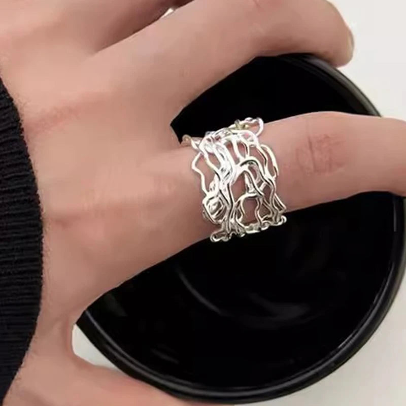 PANJBJ 925 Sterling Silber Perlen Unregelmäßiger Ring | Damen Muschel Überlappend Hohl Süßes Design Schmuck