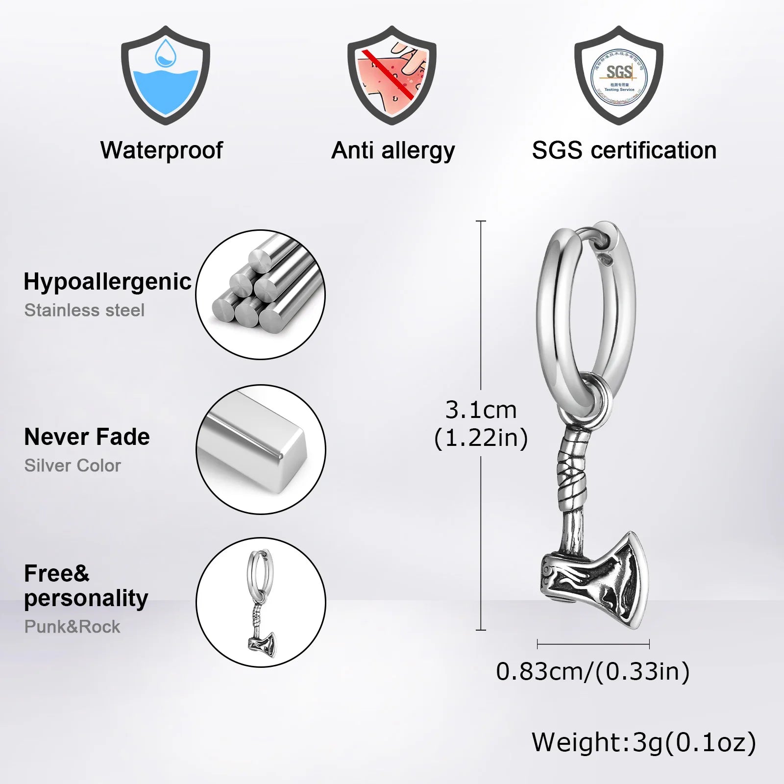 VNOX Viking Axe Hoop Earrings | Stainless Steel Men's Drop Dangle Earrings close-up view