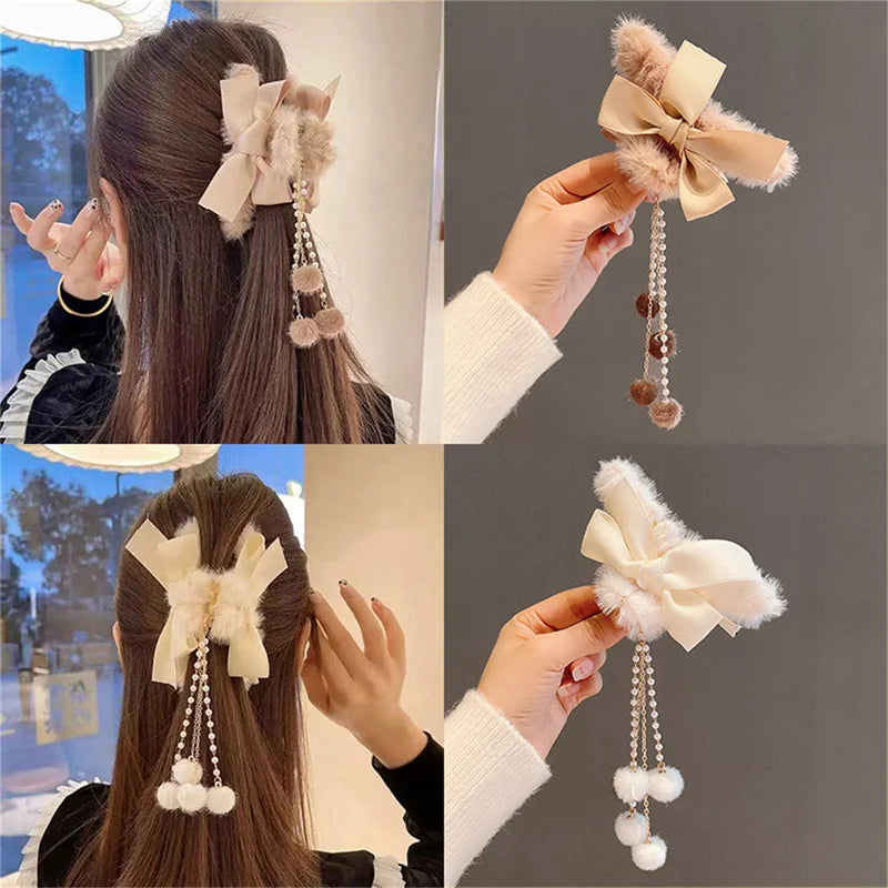 New Fashion Women Soft Plush Bow Pearl Tassel Hair Claw Clips Elegant Hair Clips Headwear