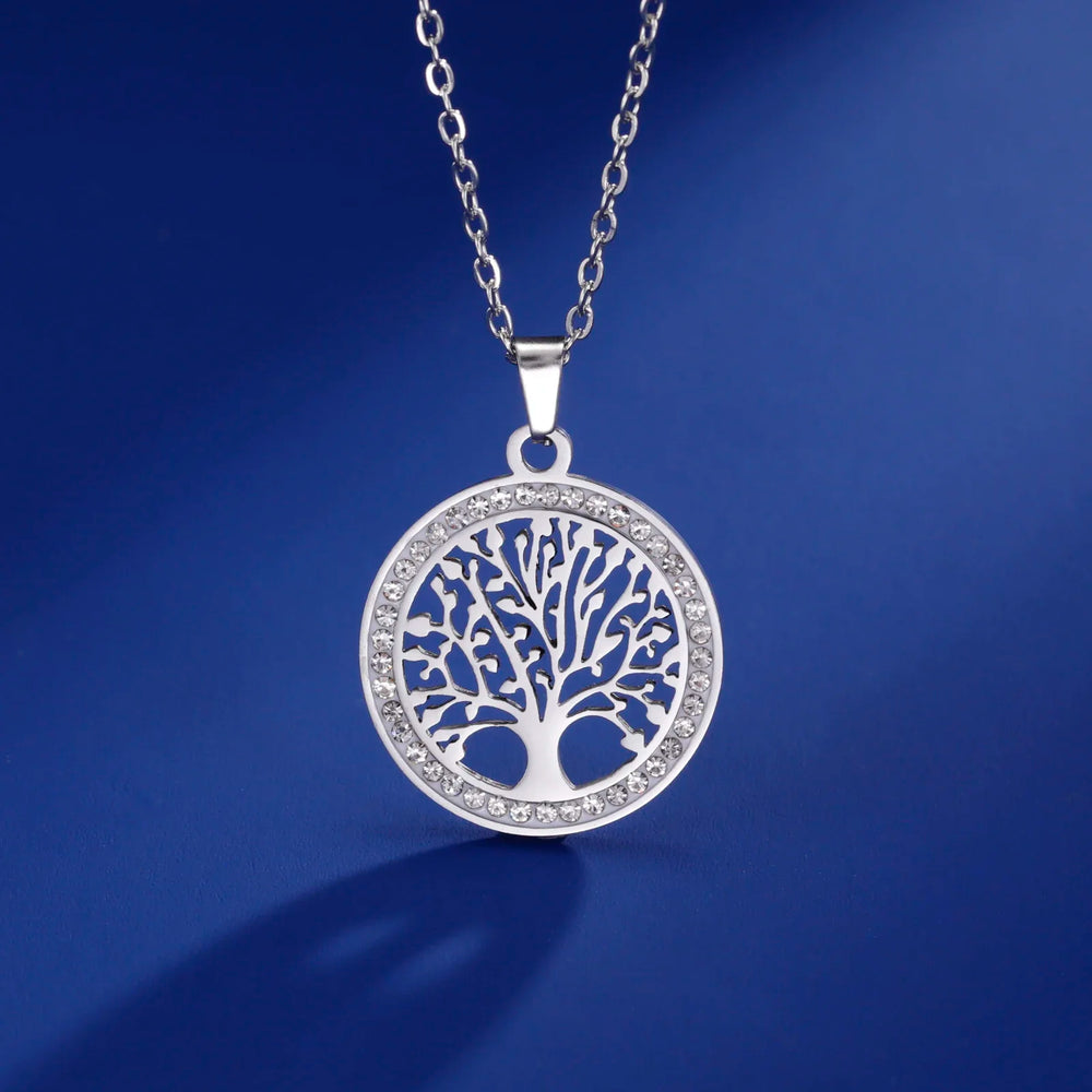 Skyrim Tree of Life Necklace for Women Stainless Steel Gold Color Clear Zircon Round P close-up view