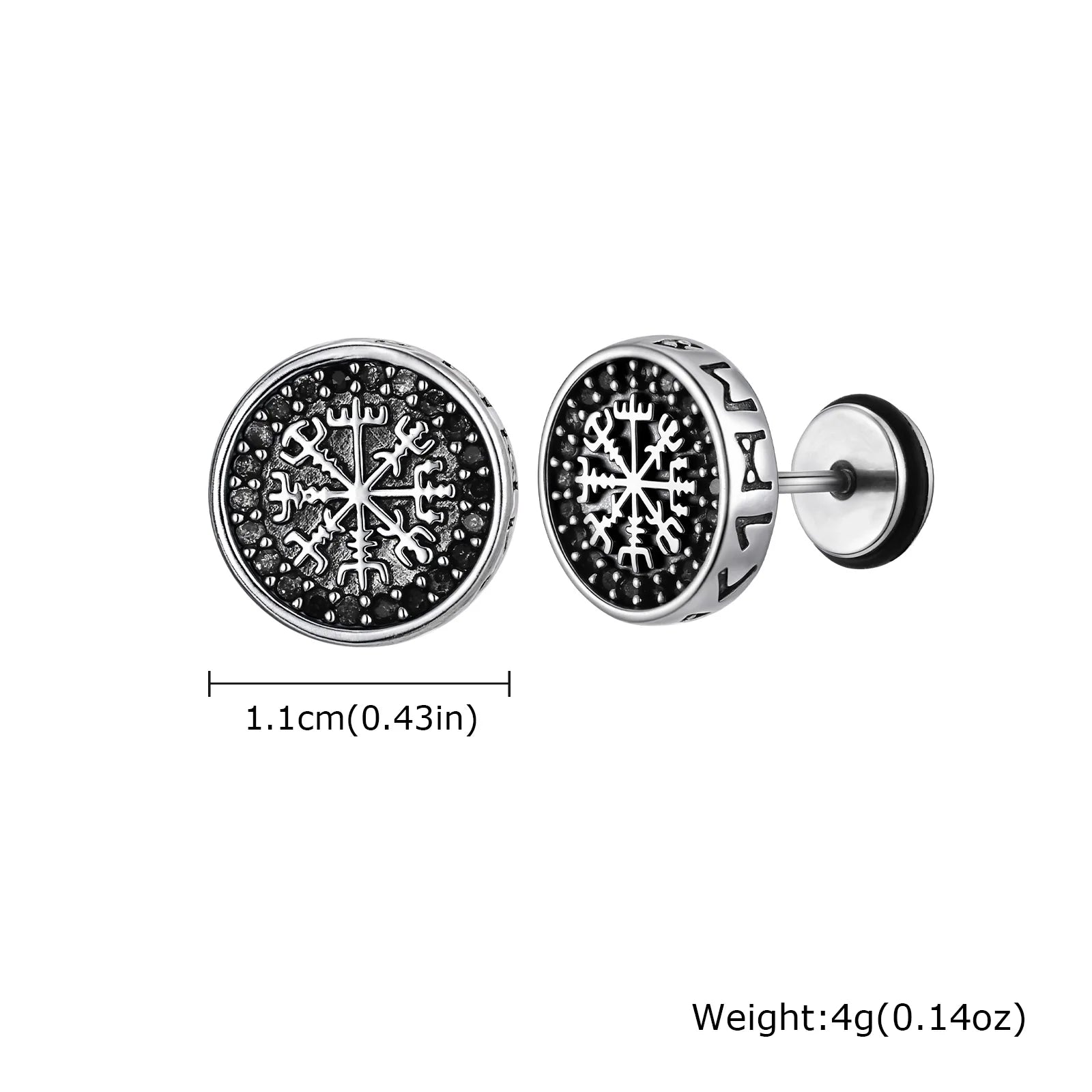 Vintage Gothic Norse Viking Stud Earrings for Men Boys, Rock Punk Runes Round Earrings close-up view