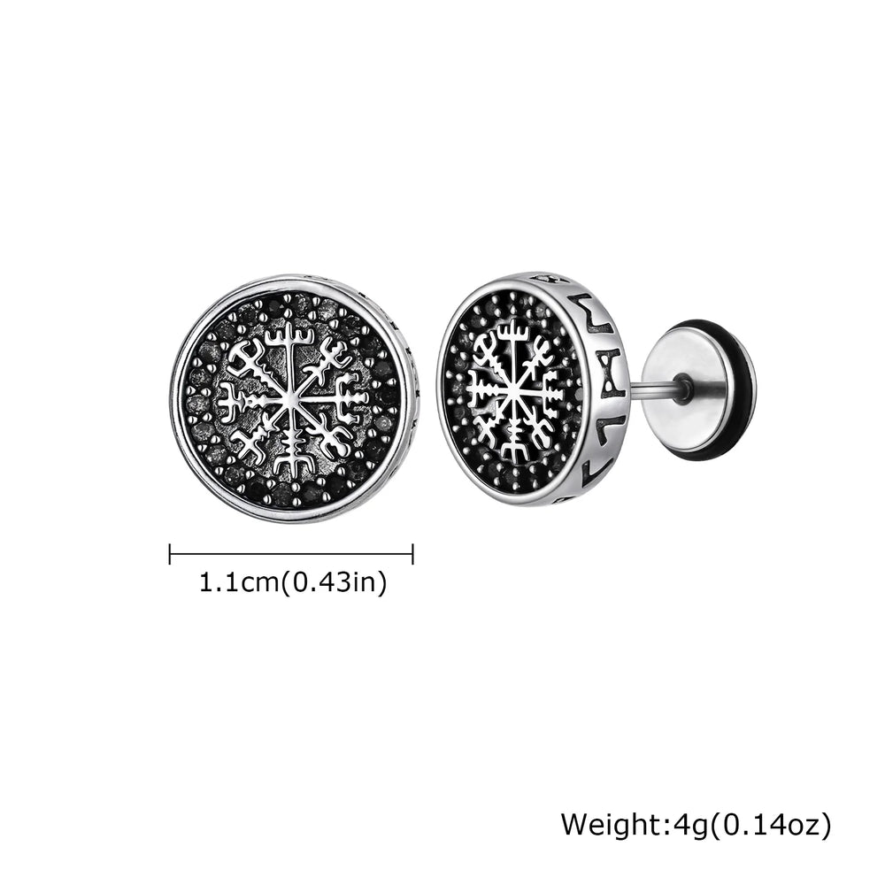 Vintage Gothic Norse Viking Stud Earrings for Men Boys, Rock Punk Runes Round Earrings close-up view