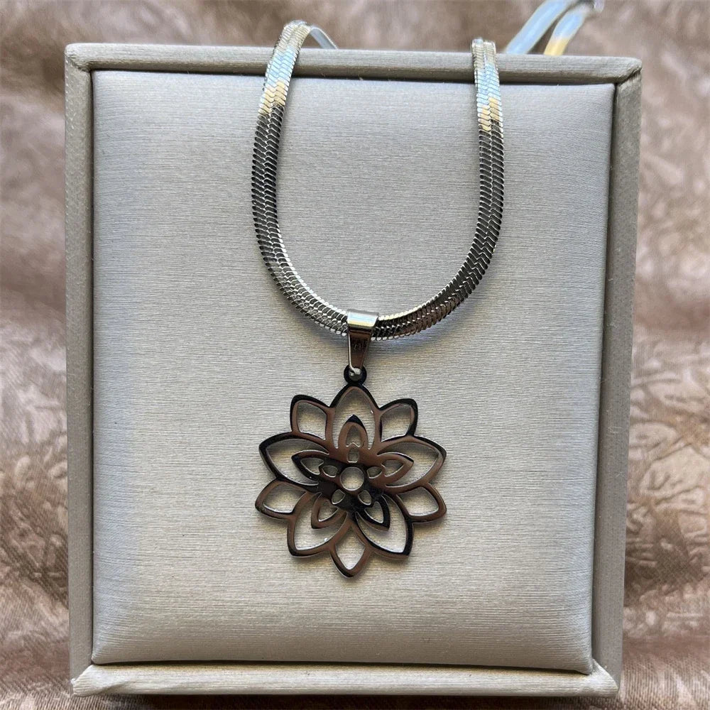 Stainless Steel Unalome Pendant Necklace | Yoga Jewelry with Lotus Flower alternate view
