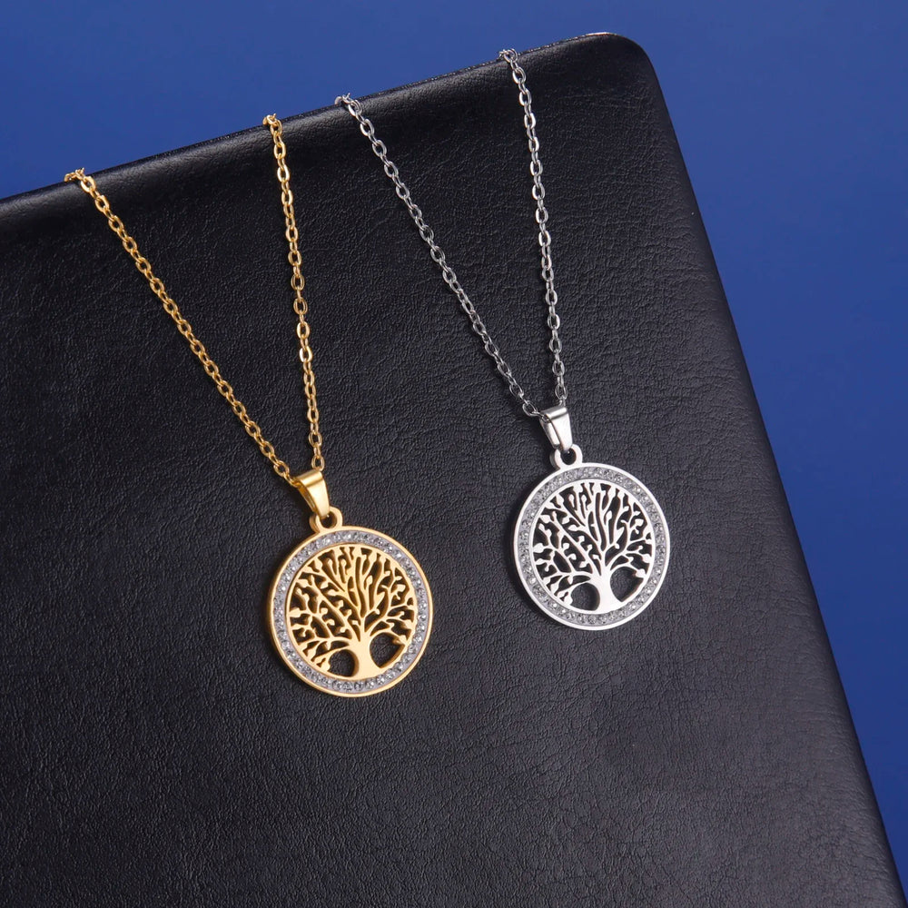 Skyrim Tree of Life Necklace for Women Stainless Steel Gold Color Clear Zircon Round lifestyle view