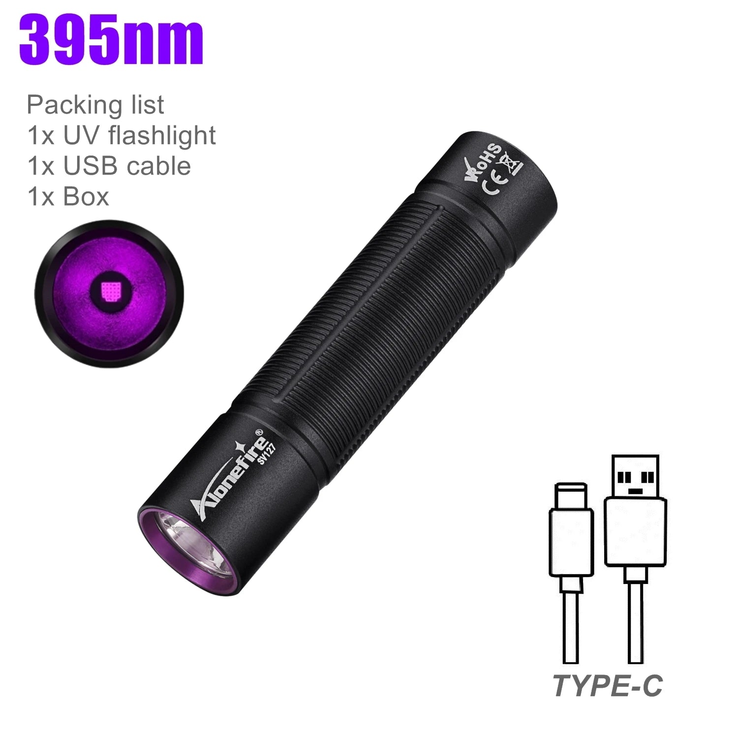 Mini 365nm/395nm Blacklight UV Flashlight | USB Rechargeable Pet Urine Detector alternate view