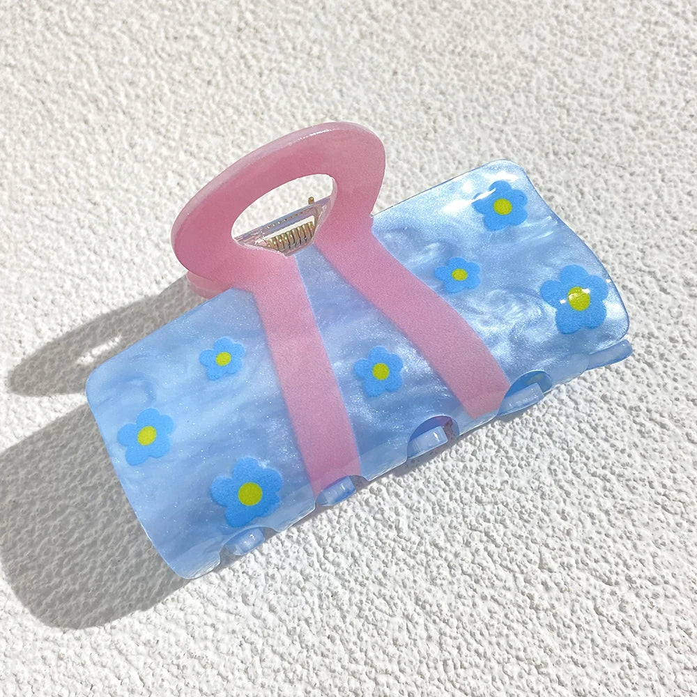 Sweet Acrylic Double Sided Flower Printed Hair Claw Clip For Women Oversize Geometric Sh detail view