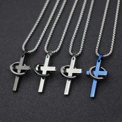 Simple Cross With Circle Pendant Necklace | Stainless Steel Christ Cruz Chain for Men alternate view