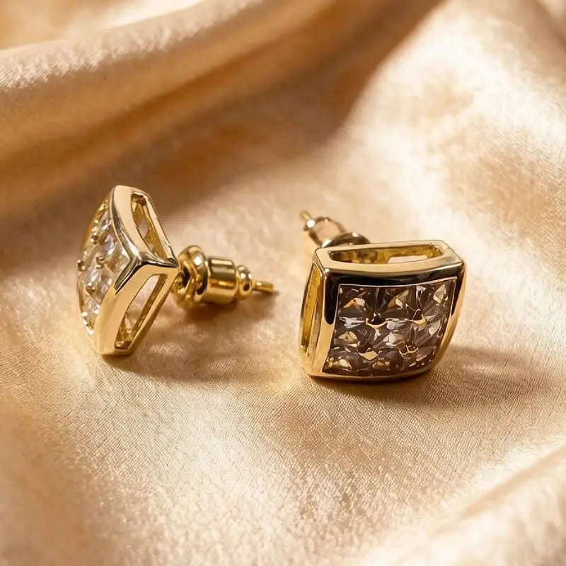 Huitan Luxury Gold Color Square Stud Earrings Women Ear Piercing with CZ Stone Simple close-up view