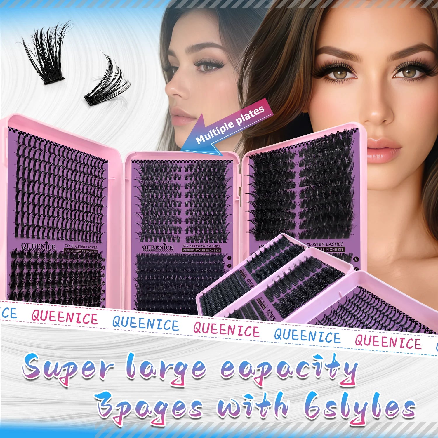 QUEENICE Three Fold Updated New DIY False Eyelash Extension 6 Mixed Styles Fluffy Voluminous  Cat eye Spiky lash extensions