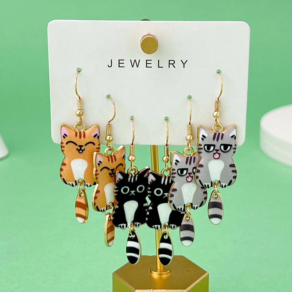 Fashionable Enamel Cat Earrings Set | 3 Pairs Cute Cartoon Drop Earrings for Women additional angle