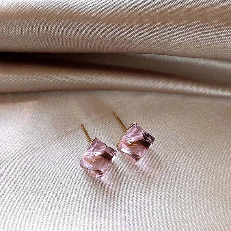 2025 New Shiny Crystal Square Stud Earrings for Women Sweet Colorful Zircon Geometric lifestyle view
